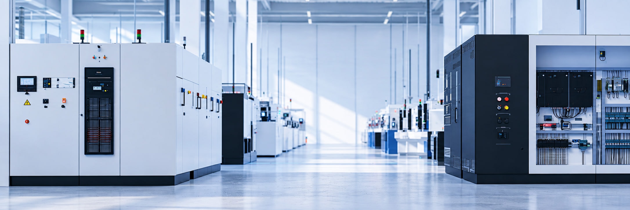 A row of control cabinets and switchgear in a bright, clean industrial hall.